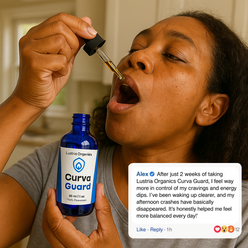 Person using a bottle labeled 'Curva Guard' with a dropper, and a testimonial overlay.