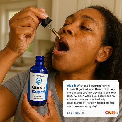 Person using a bottle labeled 'Curva Guard' with a dropper, and a testimonial overlay.