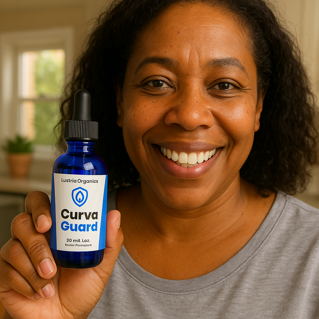 Woman holding a bottle labeled 'Curva Guard' in an indoor setting