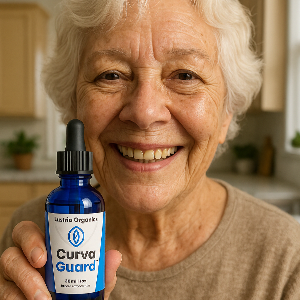 Woman holding a bottle of Curva Guard supplement in a kitchen setting
