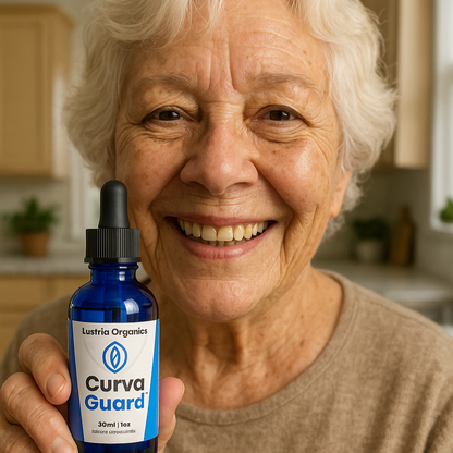 Woman holding a bottle of Curva Guard supplement in a kitchen setting
